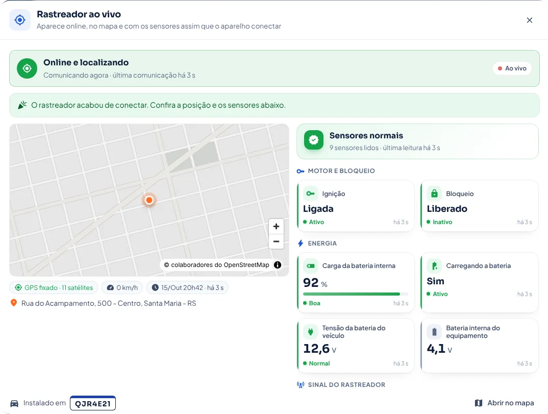 Rastreador ao vivo, online e com sensores
